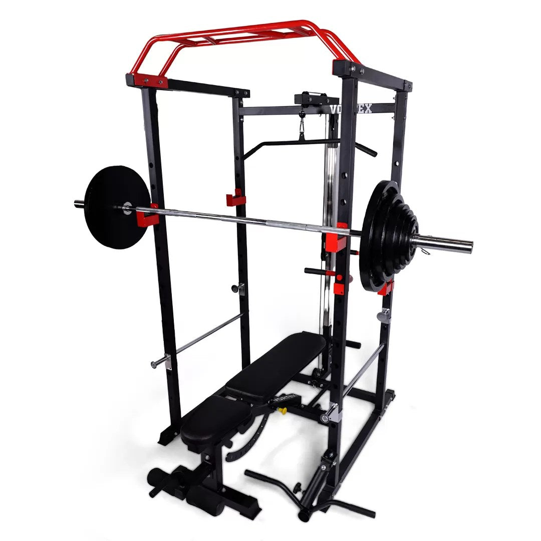 Red and Black Cage + Olympic barbell + Olympic weight plate Set + Adjustable Bench