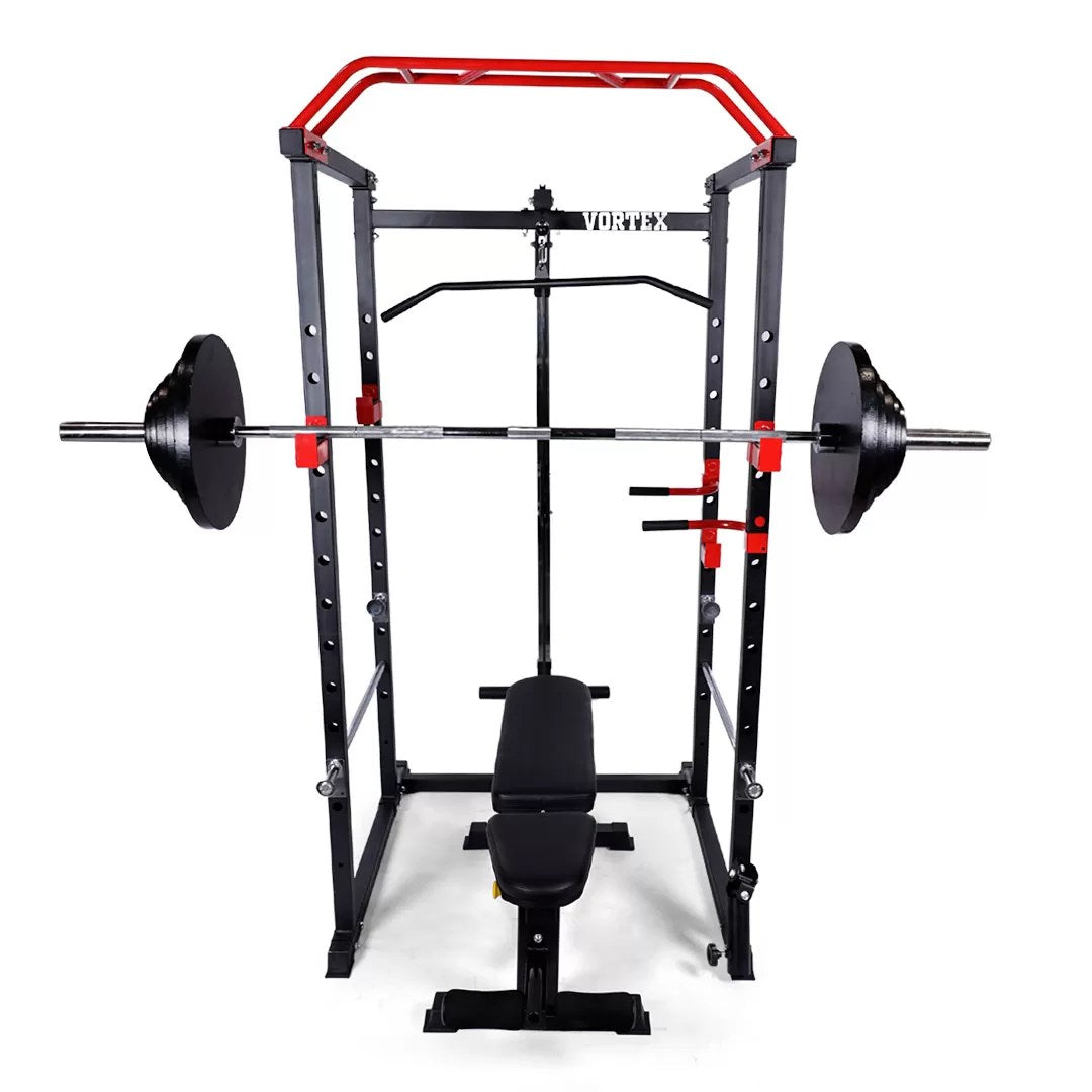 Red and Black Cage + Olympic barbell + Olympic weight plate Set + Adjustable Bench