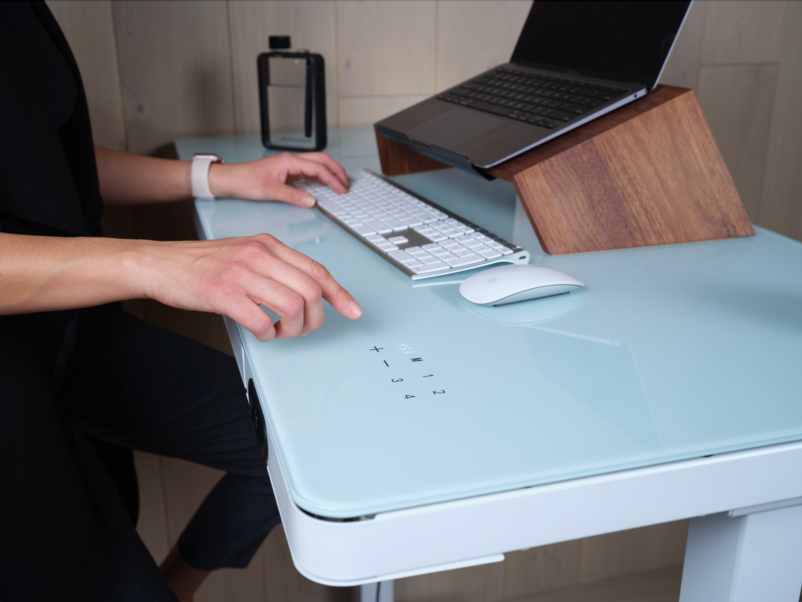 SDG Glass Standing Desk with Writable Surface, Adjustable Height, and Built-In Charging