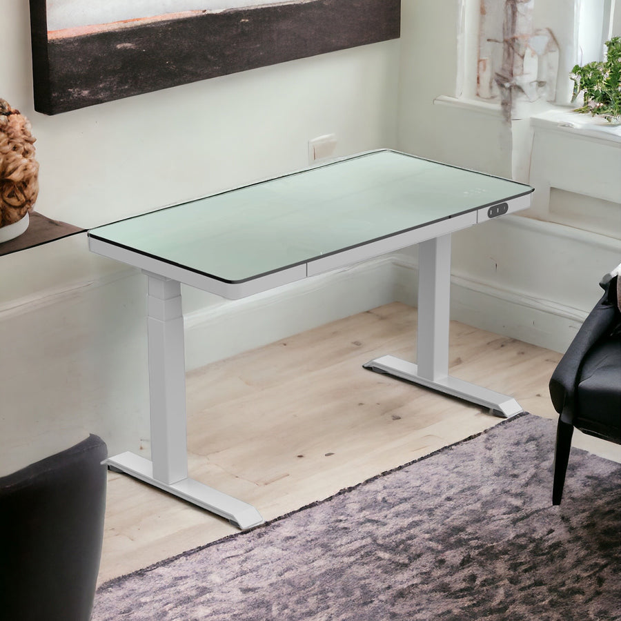 SDG Glass Standing Desk with Writable Surface, Adjustable Height, and Built-In Charging