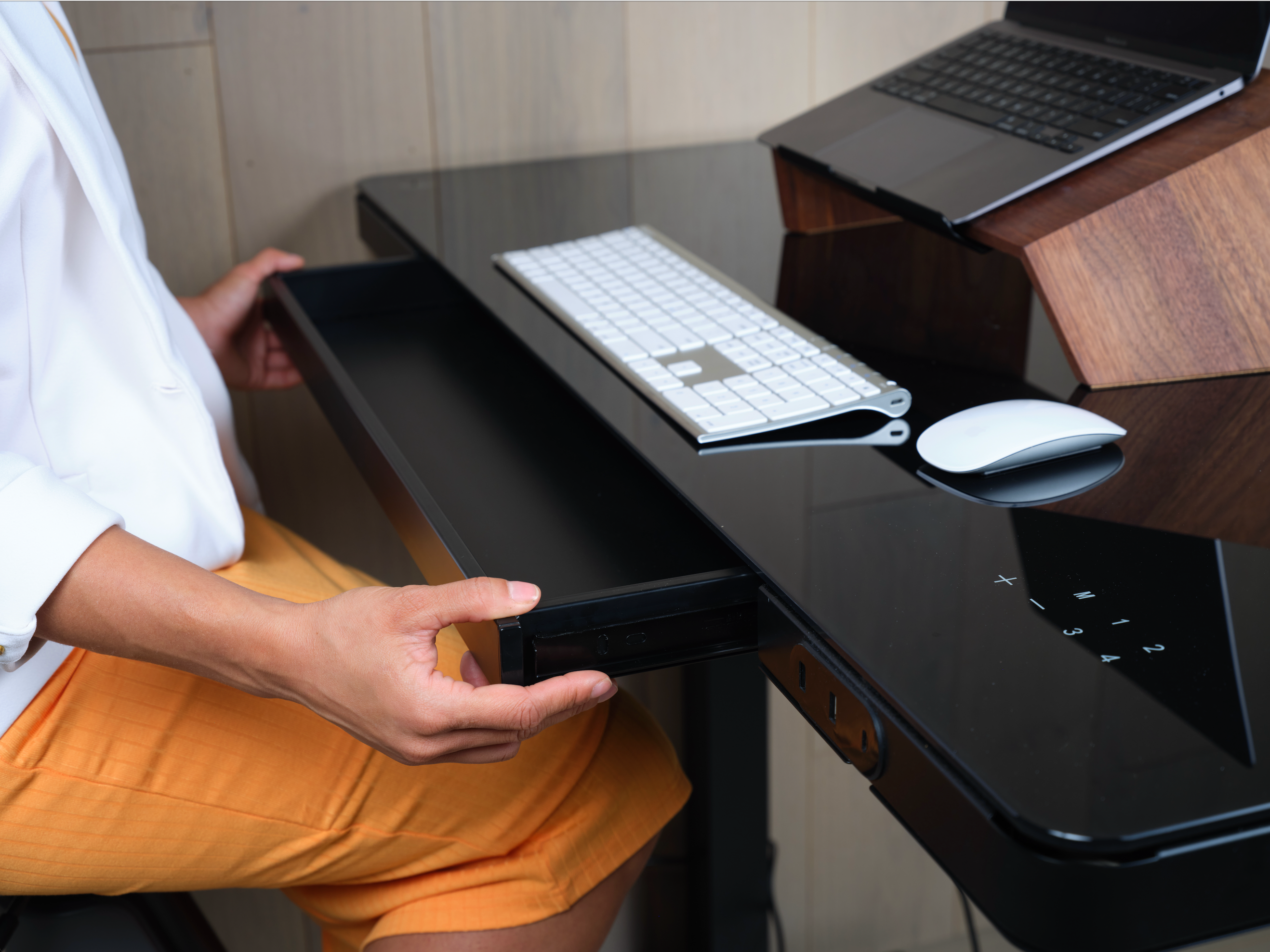 SDG Glass Standing Desk with Writable Surface, Adjustable Height, and Built-In Charging